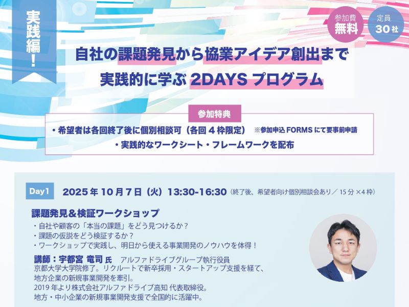 自社の課題発見から協業アイデア創出まで実践的に学ぶ 2DAYS プログラム